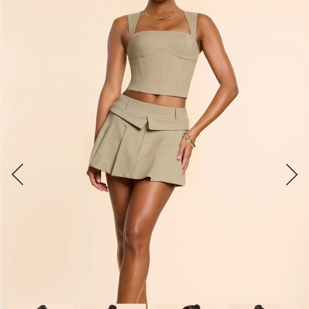 Oh Polly Stylish Tan Two-Piece Set: Mid Rise Pleated Micro Mini Skirt and top